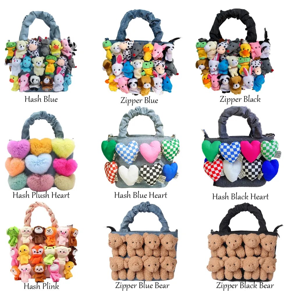 Fashion Women Denim Bucket Cartoon Toy Decoration Handbags and Purses for Female Cute Dolls Design Shoulder Bags Crossbody Bags