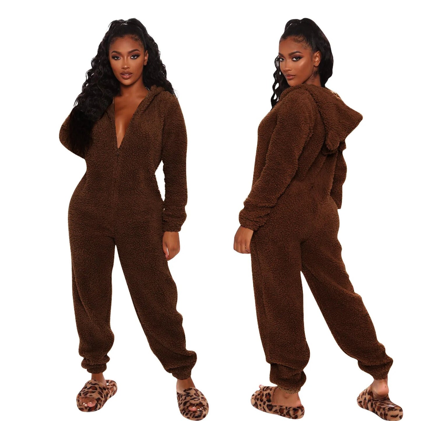 2024 Fashion Sexy Onesies Women Winter Warm Plush Romper  Hood Sets Pajamas Solid Long-Sleeve Zipper Sleepwear Hooded Homewear