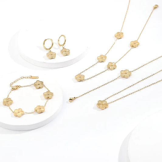 ALTERA Luxury Flower Pendant Necklace Bracelet Earrings Gold Plated Non Fading Stainless Steel Clover Jewelry Set for Women Gift