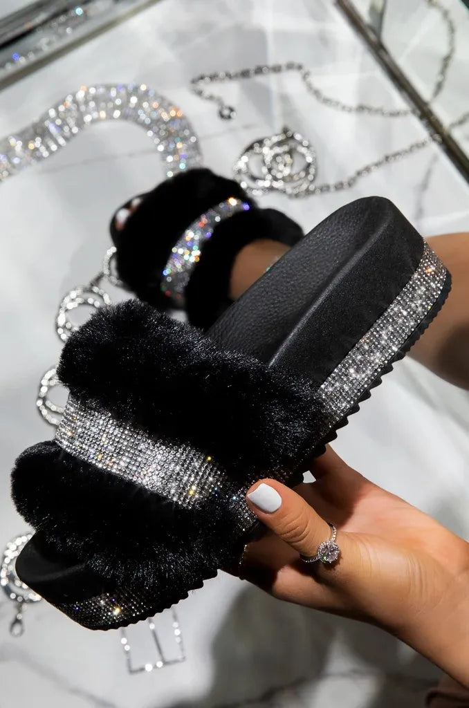 Designer Women Fur Rhinestone Slippers Luxury Platform Wedges Heel Solid Fluffy Furry Slides Outside Sexy Shoes Ladies Whosale