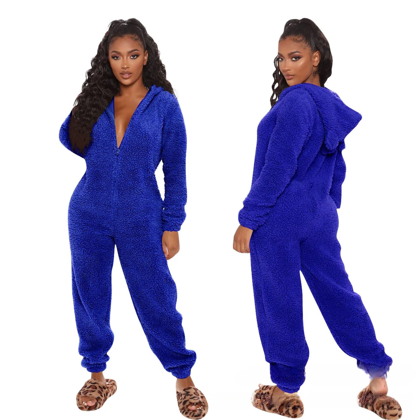 2024 Fashion Sexy Onesies Women Winter Warm Plush Romper  Hood Sets Pajamas Solid Long-Sleeve Zipper Sleepwear Hooded Homewear