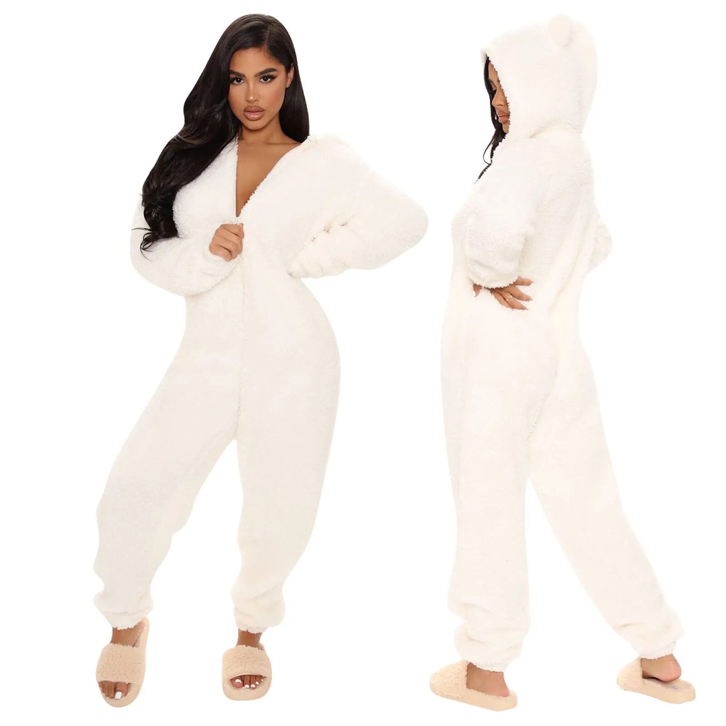 2024 Fashion Sexy Onesies Women Winter Warm Plush Romper  Hood Sets Pajamas Solid Long-Sleeve Zipper Sleepwear Hooded Homewear