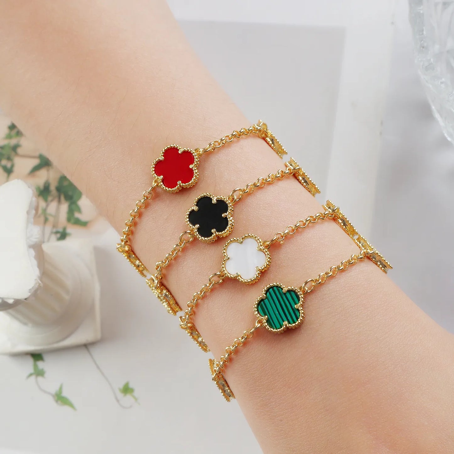 2 Piece Set Luxury 10color Gem Shell Four-leaf Clover Bracelet Lucky Necklace Electroplated 14K Gold Jewelry Anniversary Gift