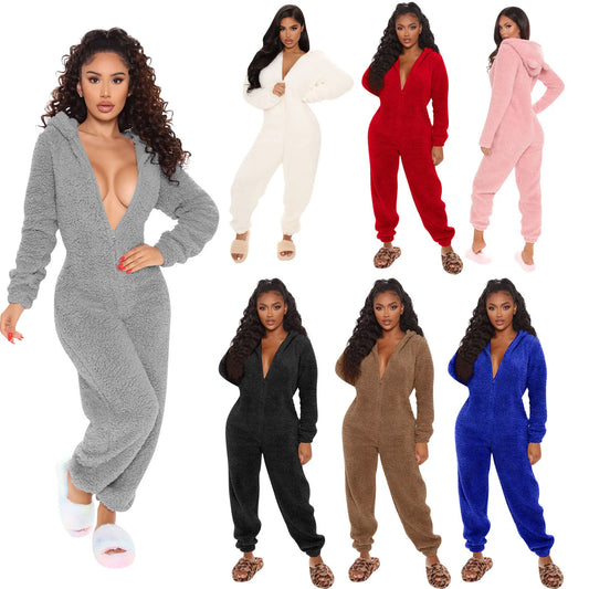 2024 Fashion Sexy Onesies Women Winter Warm Plush Romper  Hood Sets Pajamas Solid Long-Sleeve Zipper Sleepwear Hooded Homewear