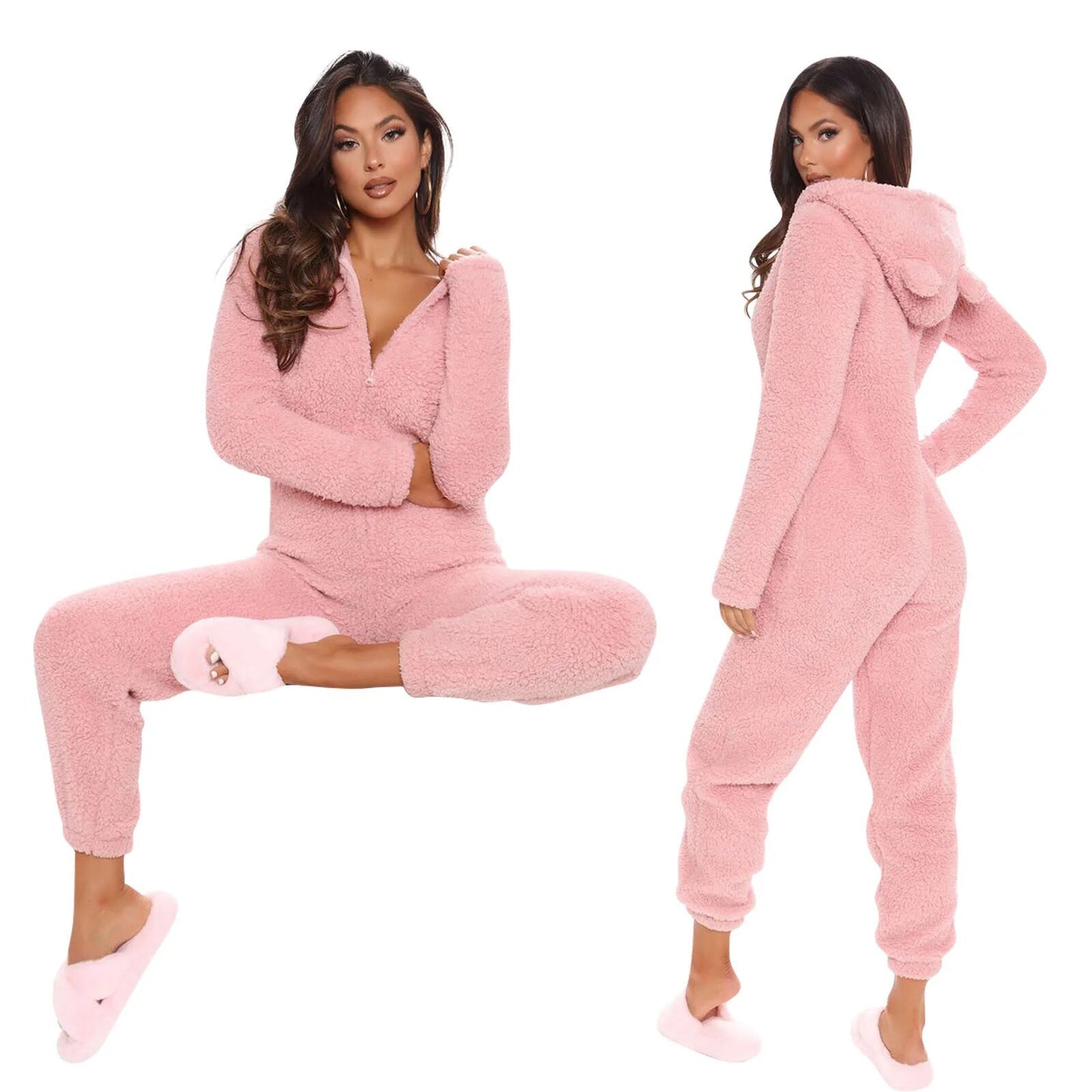 2024 Fashion Sexy Onesies Women Winter Warm Plush Romper  Hood Sets Pajamas Solid Long-Sleeve Zipper Sleepwear Hooded Homewear