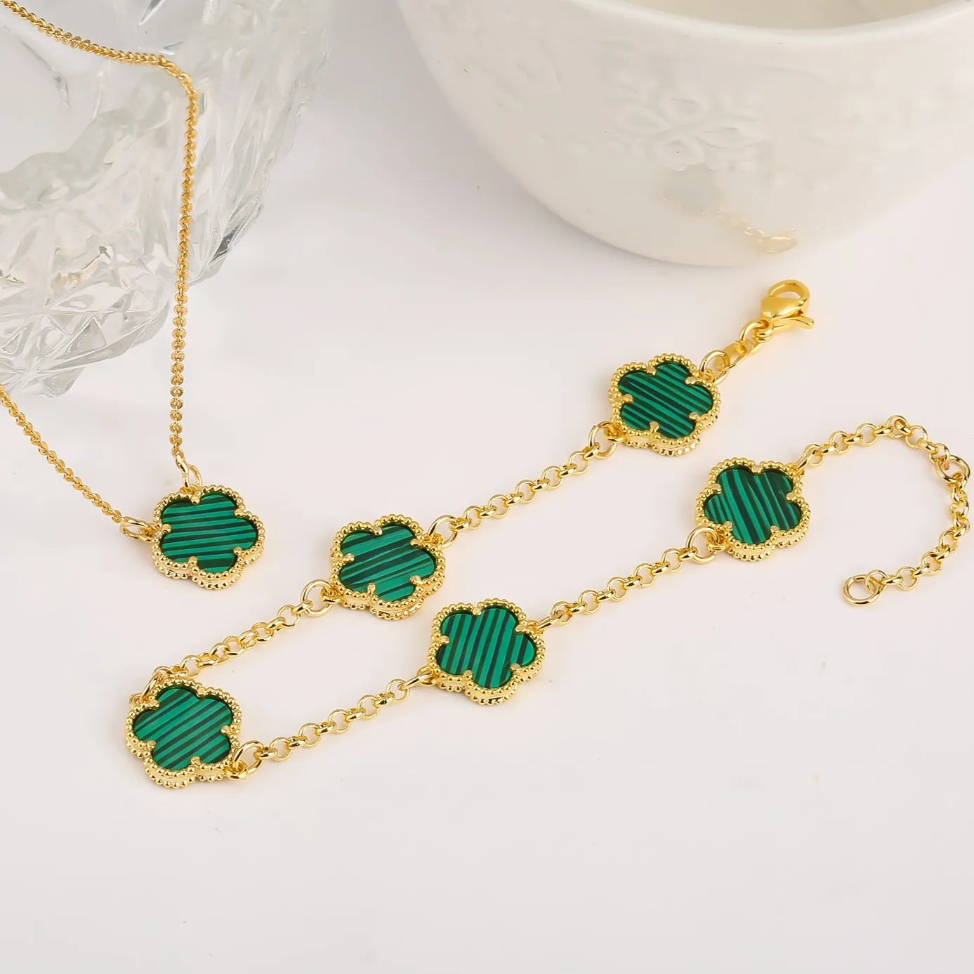 2 Piece Set Luxury 10color Gem Shell Four-leaf Clover Bracelet Lucky Necklace Electroplated 14K Gold Jewelry Anniversary Gift