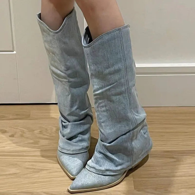 Fashion Women Chelsea Boots Cowboy Knee High Shoes 2023 New Autumn Winter Mid Heels Boots Casual Shoes Chunky Motorcycle Botas