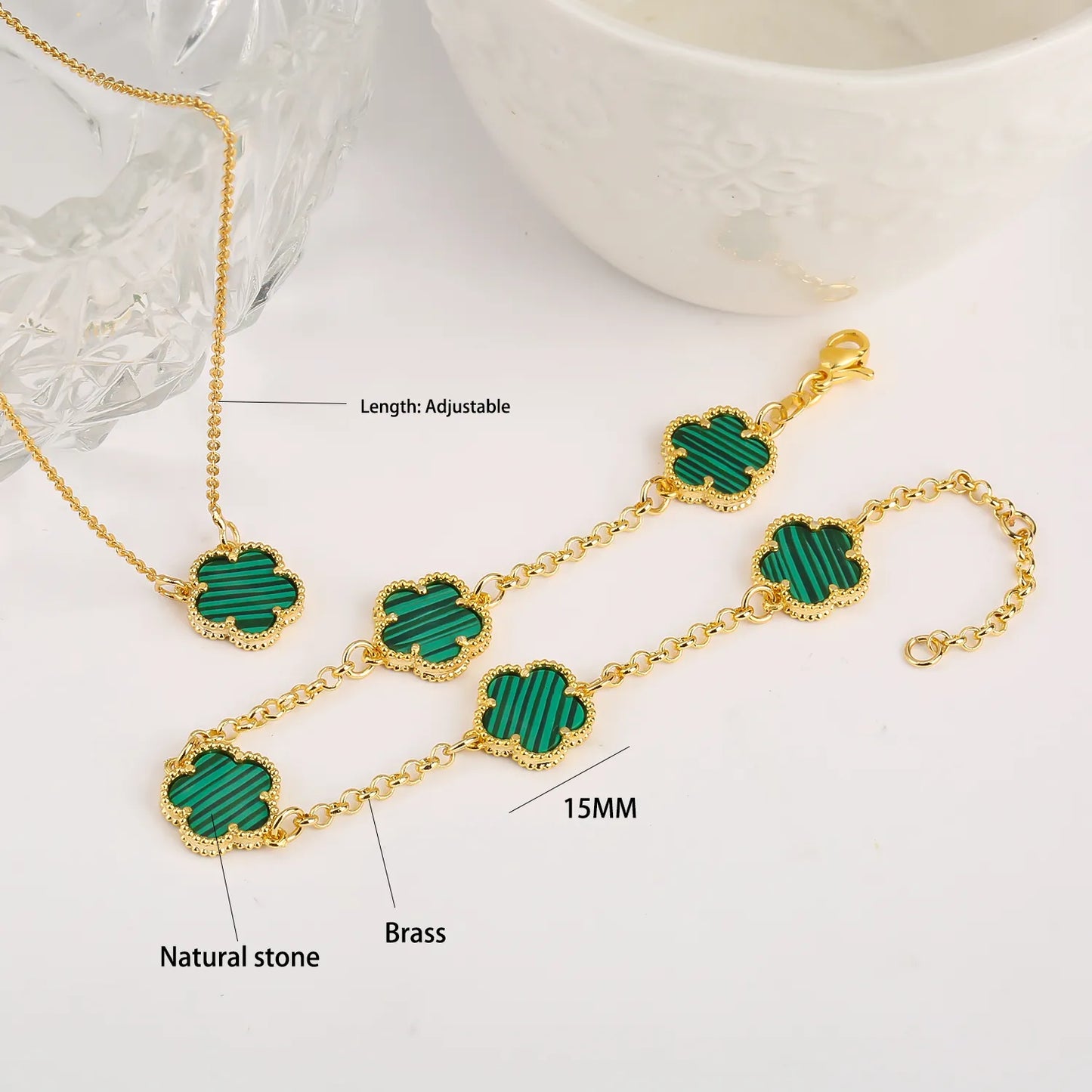 2 Piece Set Luxury 10color Gem Shell Four-leaf Clover Bracelet Lucky Necklace Electroplated 14K Gold Jewelry Anniversary Gift