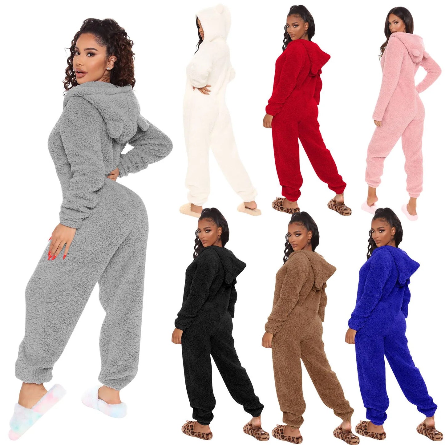 2024 Fashion Sexy Onesies Women Winter Warm Plush Romper  Hood Sets Pajamas Solid Long-Sleeve Zipper Sleepwear Hooded Homewear