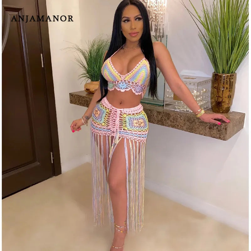 ANJAMANOR Sexy Crochet Tassel Two Piece Skirt Set Beach Dress Suit Summer Outfit Womens 2023 2 Piece Matching Sets D48-EG26